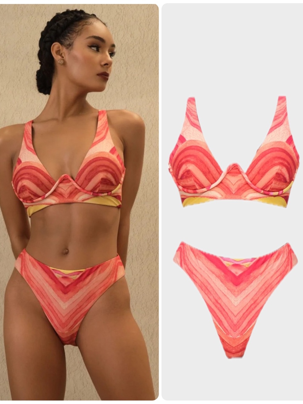Andrea Iyamah Kasa Chevron Underwire Top High Waisted Bottom Bikini Set NWT $279